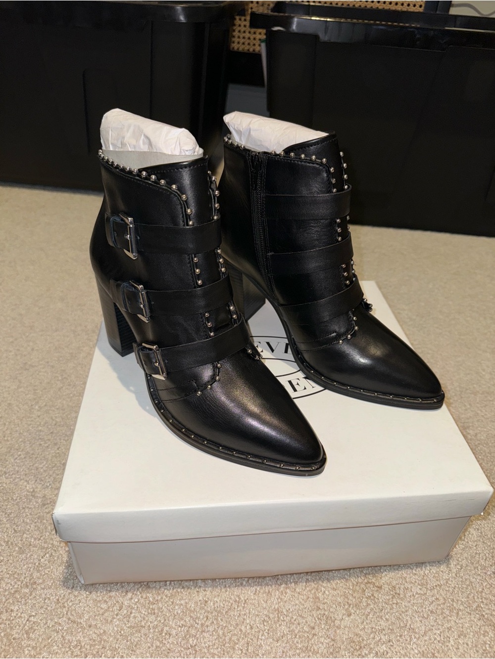 Steve Madden Black Pointed Toe Studded Buckle Ankle Boots